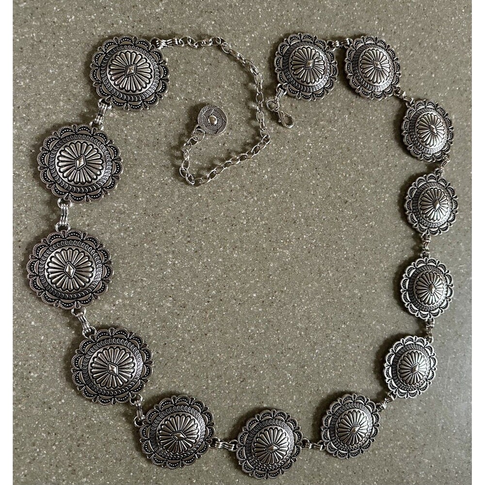 49 inch Concho Chain Belt – Vintage Silver Adjustable Waist Jewelry Hobo Concert - Picture 2 of 7